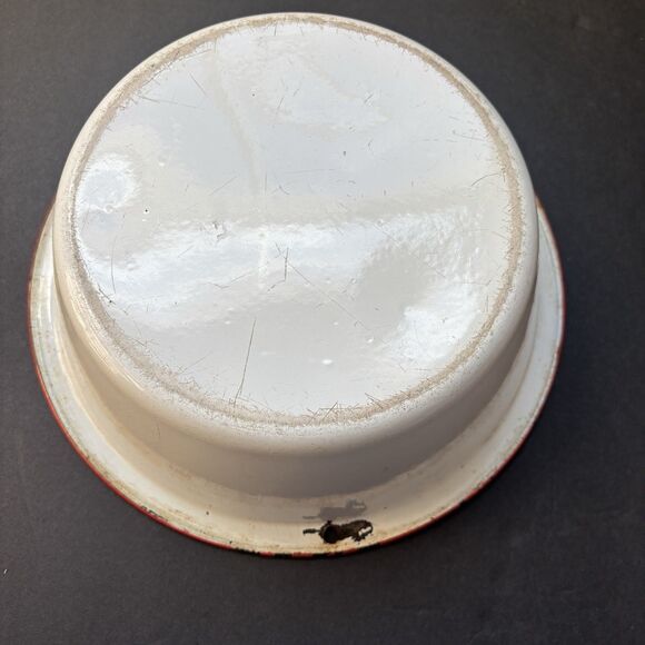 Vintage White Red Enamelware Wash Basin Bowl Farmhouse Rustic Distressed 10” - Picture 4 of 7